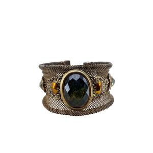 Chicos Mesh Cuff Bracelet Bronze Amber Green Stone Statement Filigree Vintage
